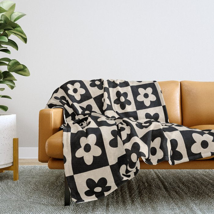 90s flowers checkers cream and black Throw Blanket