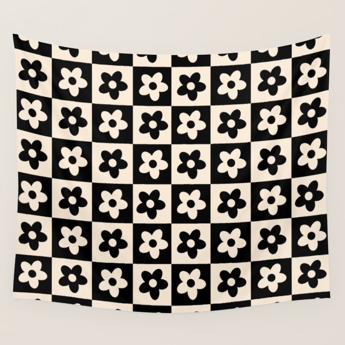 90s flowers checkers cream and black Wall Tapestry