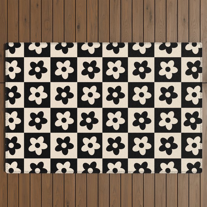 90s flowers checkers cream and black Outdoor Rug