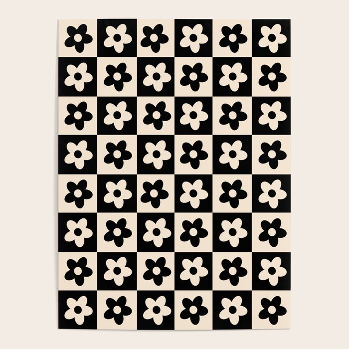 90s flowers checkers cream and black Poster