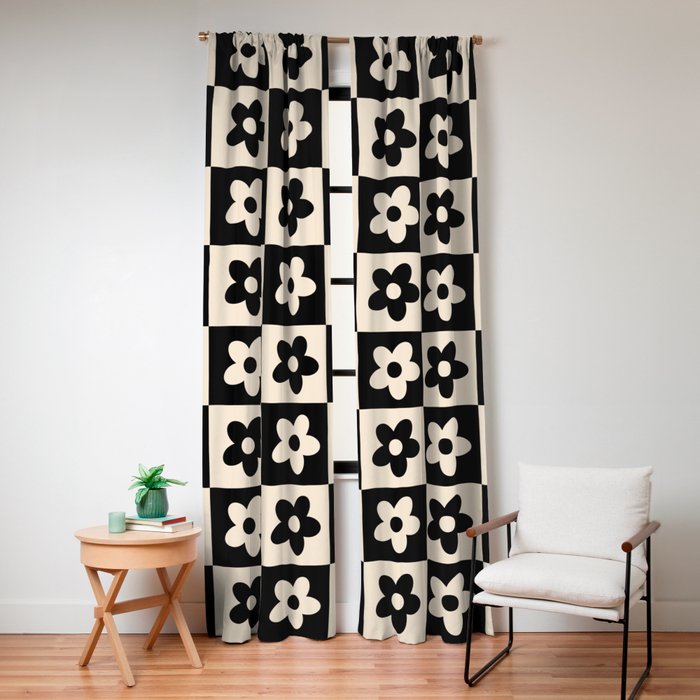 90s flowers checkers cream and black Window Curtain