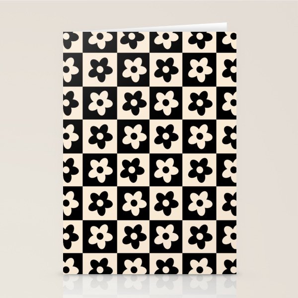 90s flowers checkers cream and black Stationery Card