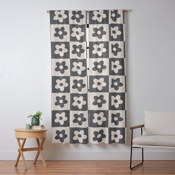 90s flowers checkers cream and black Window Curtain