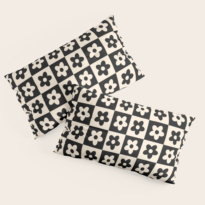 90s flowers checkers cream and black Pillow Sham
