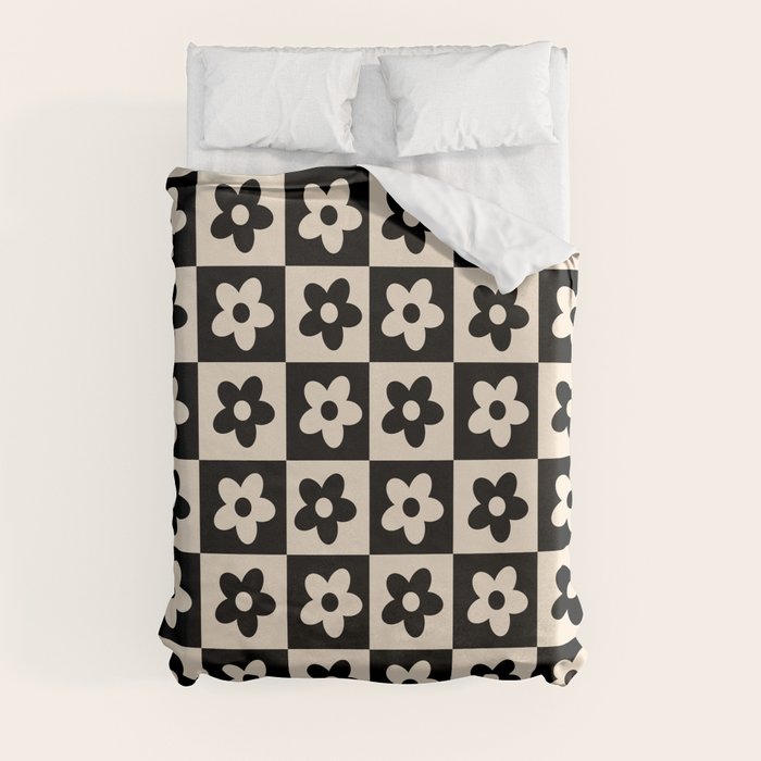 90s flowers checkers cream and black Duvet Cover