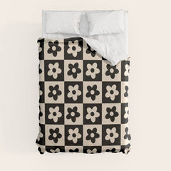90s flowers checkers cream and black Duvet Cover