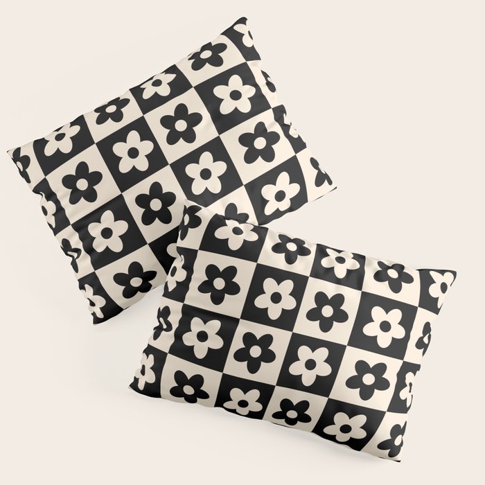 90s flowers checkers cream and black Pillow Sham