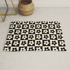 90s flowers checkers cream and black Rug