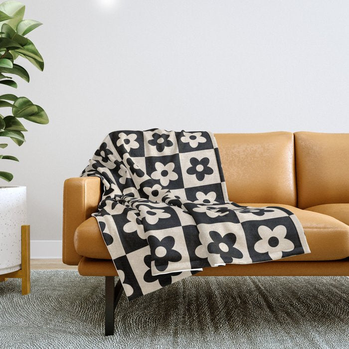 90s flowers checkers cream and black Throw Blanket