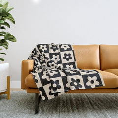 90s flowers checkers cream and black Throw Blanket