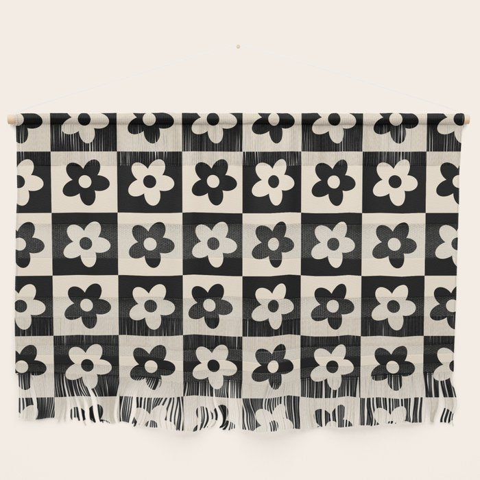 90s flowers checkers cream and black Wall Hanging