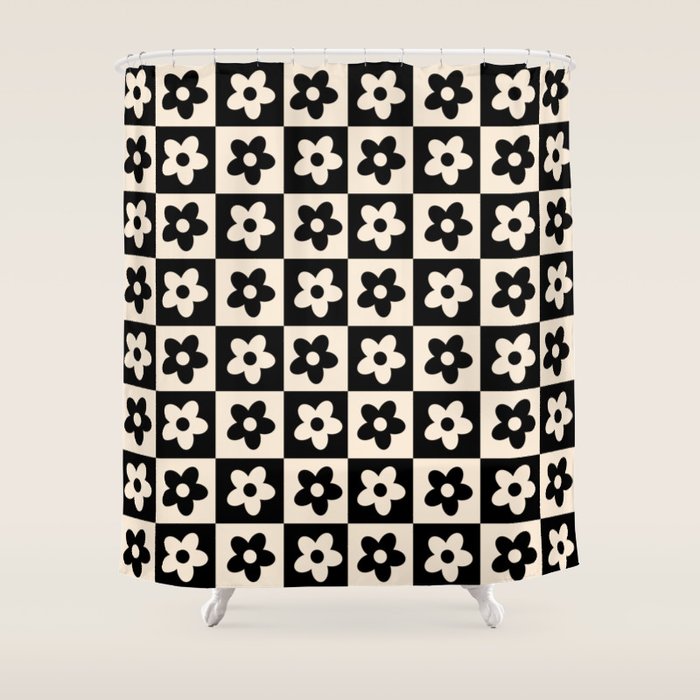 90s flowers checkers cream and black Shower Curtain