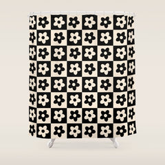 90s flowers checkers cream and black Shower Curtain