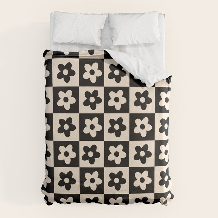 90s flowers checkers cream and black Duvet Cover