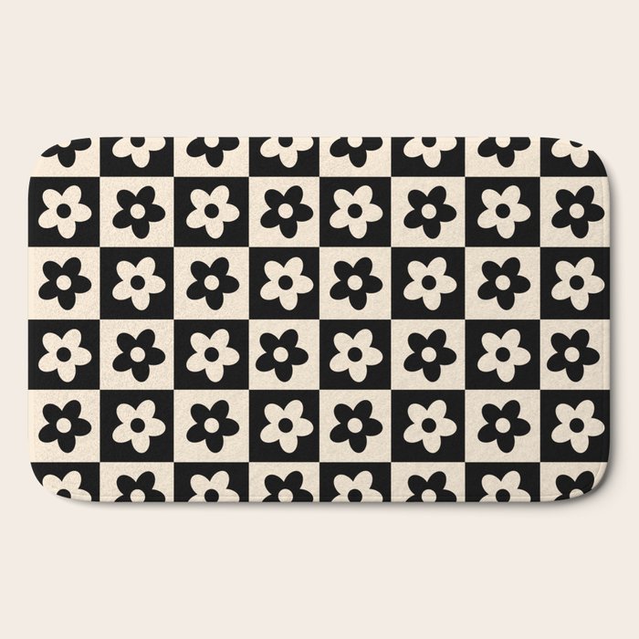 90s flowers checkers cream and black Bath Mat