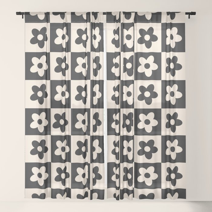 90s flowers checkers cream and black Window Curtain