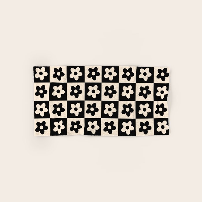 90s flowers checkers cream and black Bath Towel