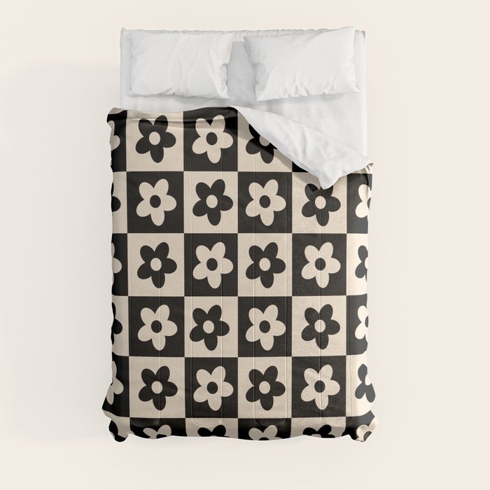 90s flowers checkers cream and black Comforter