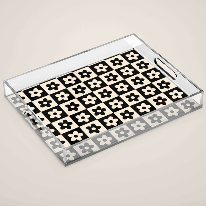 90s flowers checkers cream and black Acrylic Tray