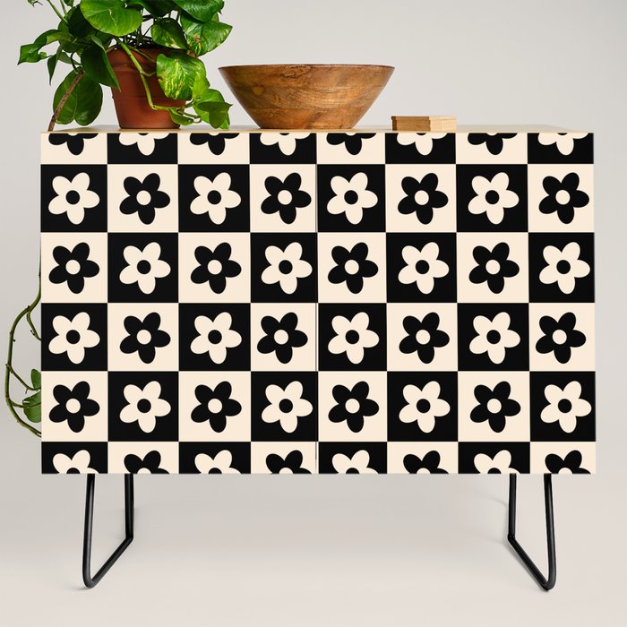 90s flowers checkers cream and black Credenza