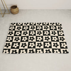 90s flowers checkers cream and black Rug
