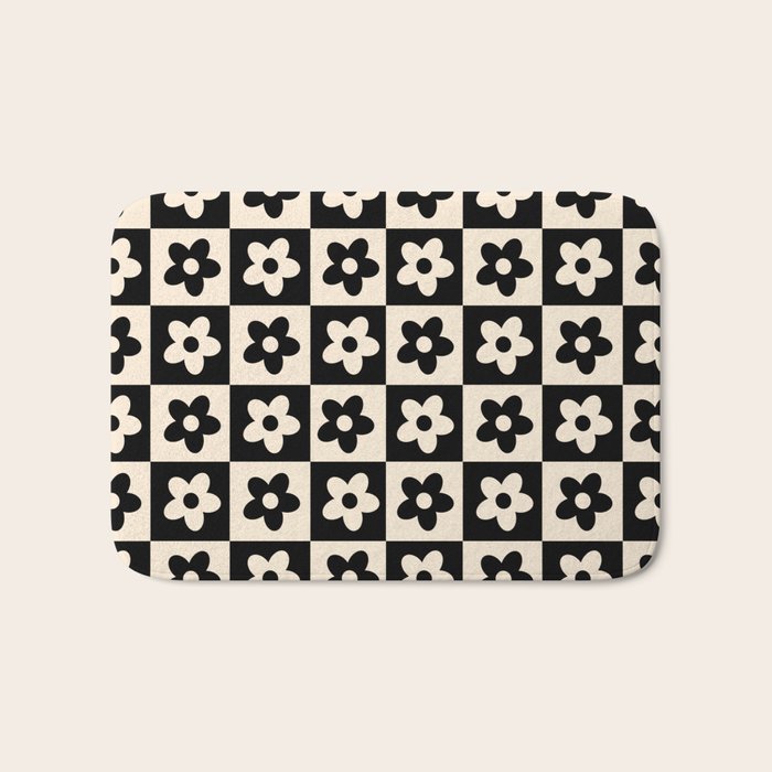 90s flowers checkers cream and black Bath Mat