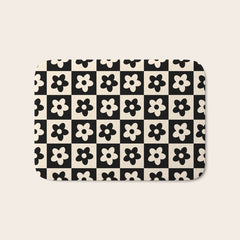 90s flowers checkers cream and black Bath Mat