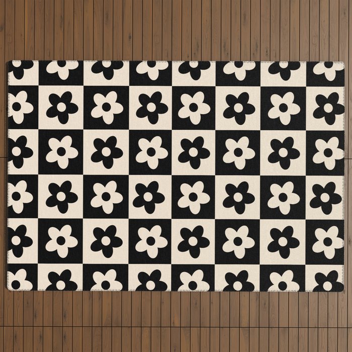 90s flowers checkers cream and black Outdoor Rug