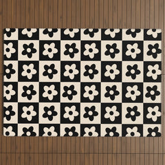 90s flowers checkers cream and black Outdoor Rug