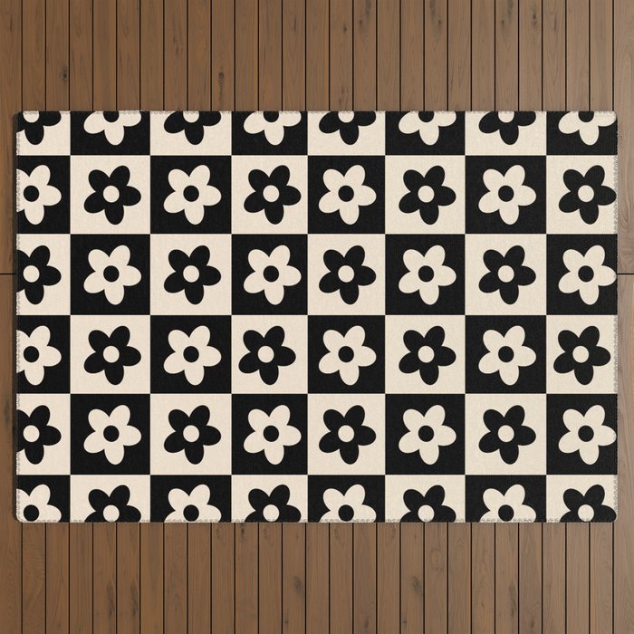90s flowers checkers cream and black Outdoor Rug