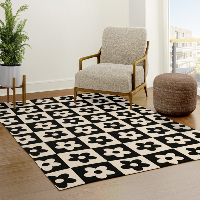90s flowers checkers cream and black Rug