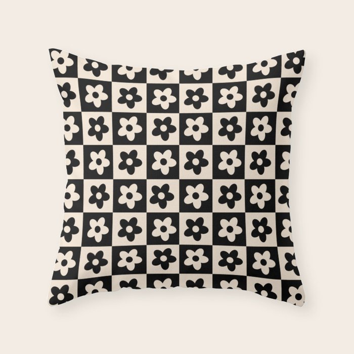 90s flowers checkers cream and black Throw Pillow
