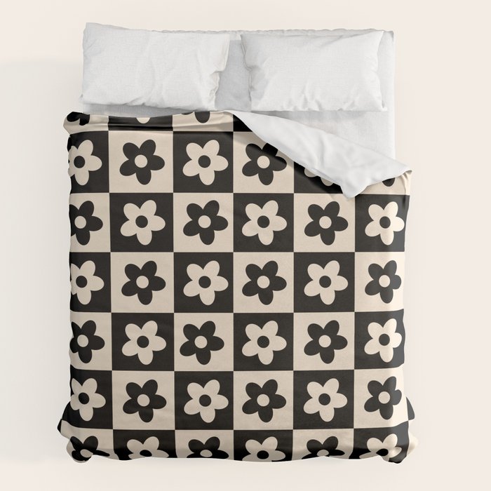 90s flowers checkers cream and black Duvet Cover