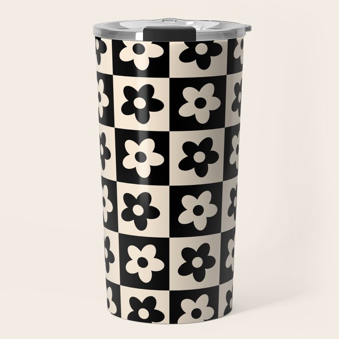 90s flowers checkers cream and black Travel Mug