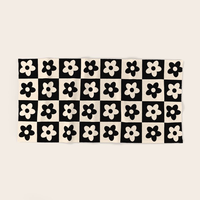 90s flowers checkers cream and black Bath Towel