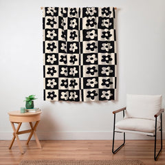 90s flowers checkers cream and black Window Curtain