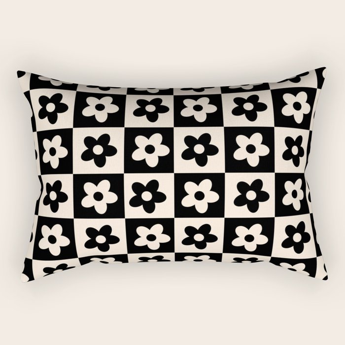 90s flowers checkers cream and black Rectangular Pillow