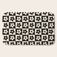 90s flowers checkers cream and black Bath Mat