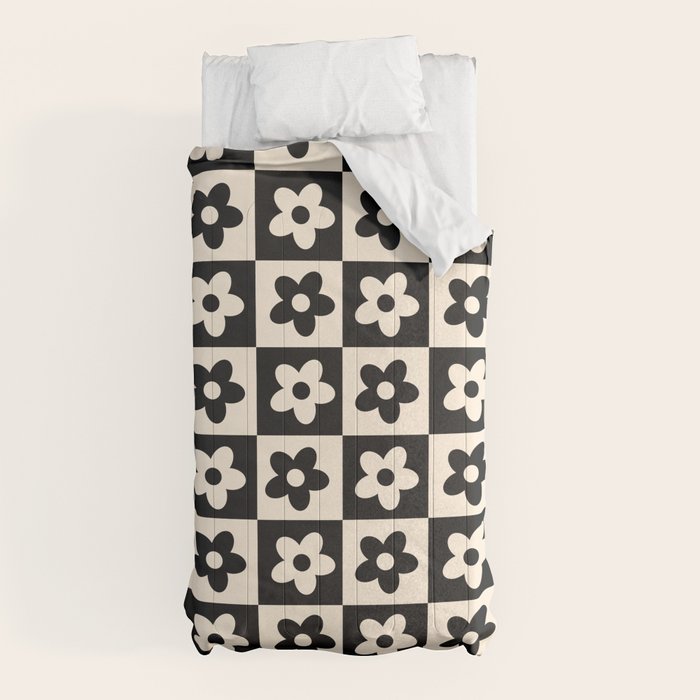 90s flowers checkers cream and black Comforter
