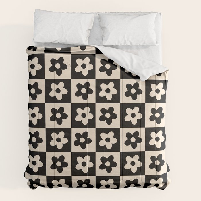 90s flowers checkers cream and black Comforter