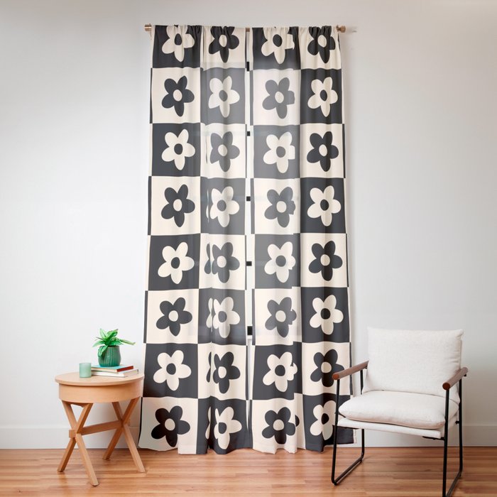 90s flowers checkers cream and black Window Curtain
