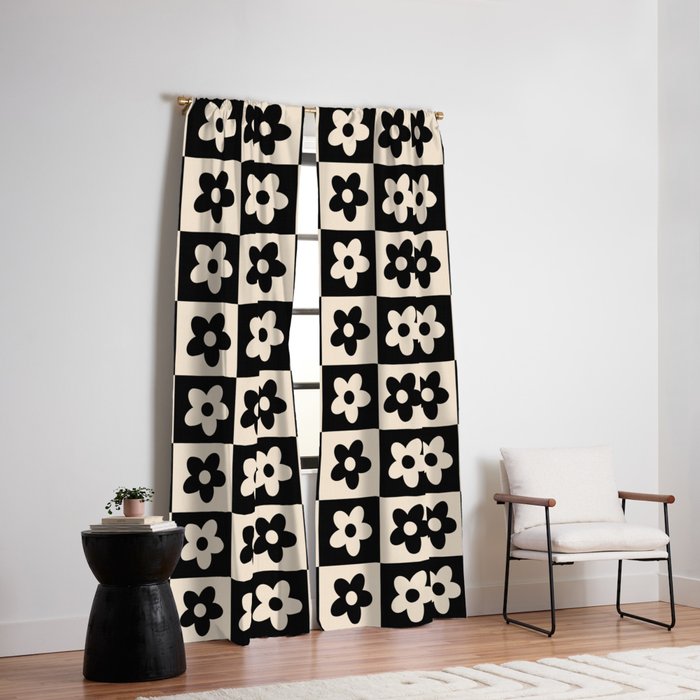 90s flowers checkers cream and black Window Curtain