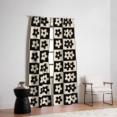 90s flowers checkers cream and black Window Curtain