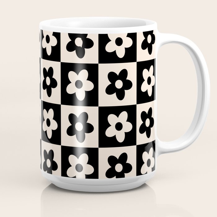 90s flowers checkers cream and black Coffee Mug