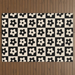 90s flowers checkers cream and black Outdoor Rug