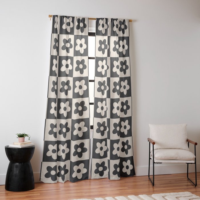 90s flowers checkers cream and black Window Curtain