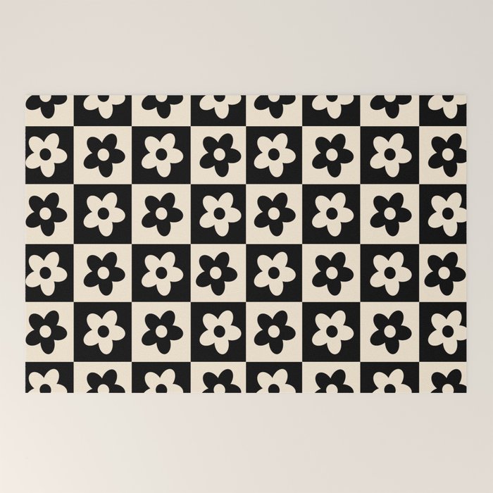 90s flowers checkers cream and black Welcome Mat
