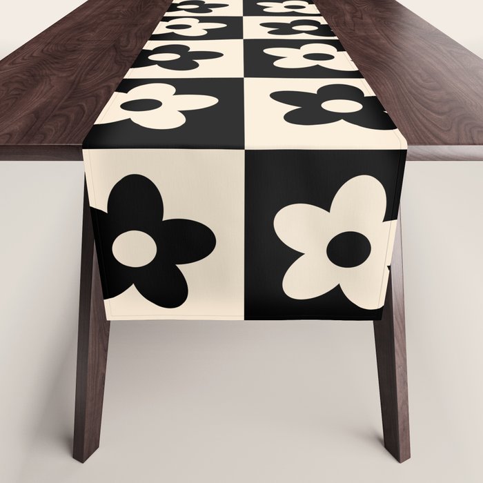 90s flowers checkers cream and black Table Runner