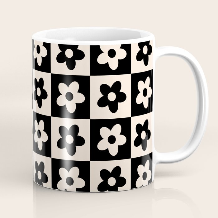 90s flowers checkers cream and black Coffee Mug