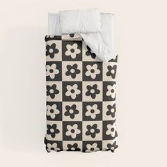 90s flowers checkers cream and black Duvet Cover